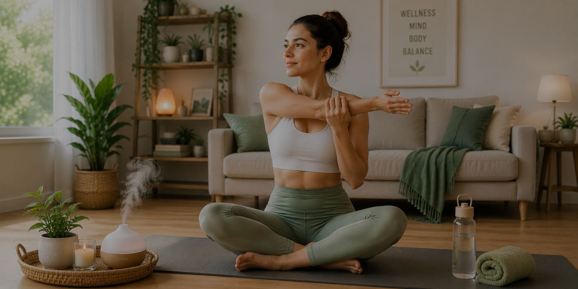 Woman in white crop top stretching on yoga mat with diffuser