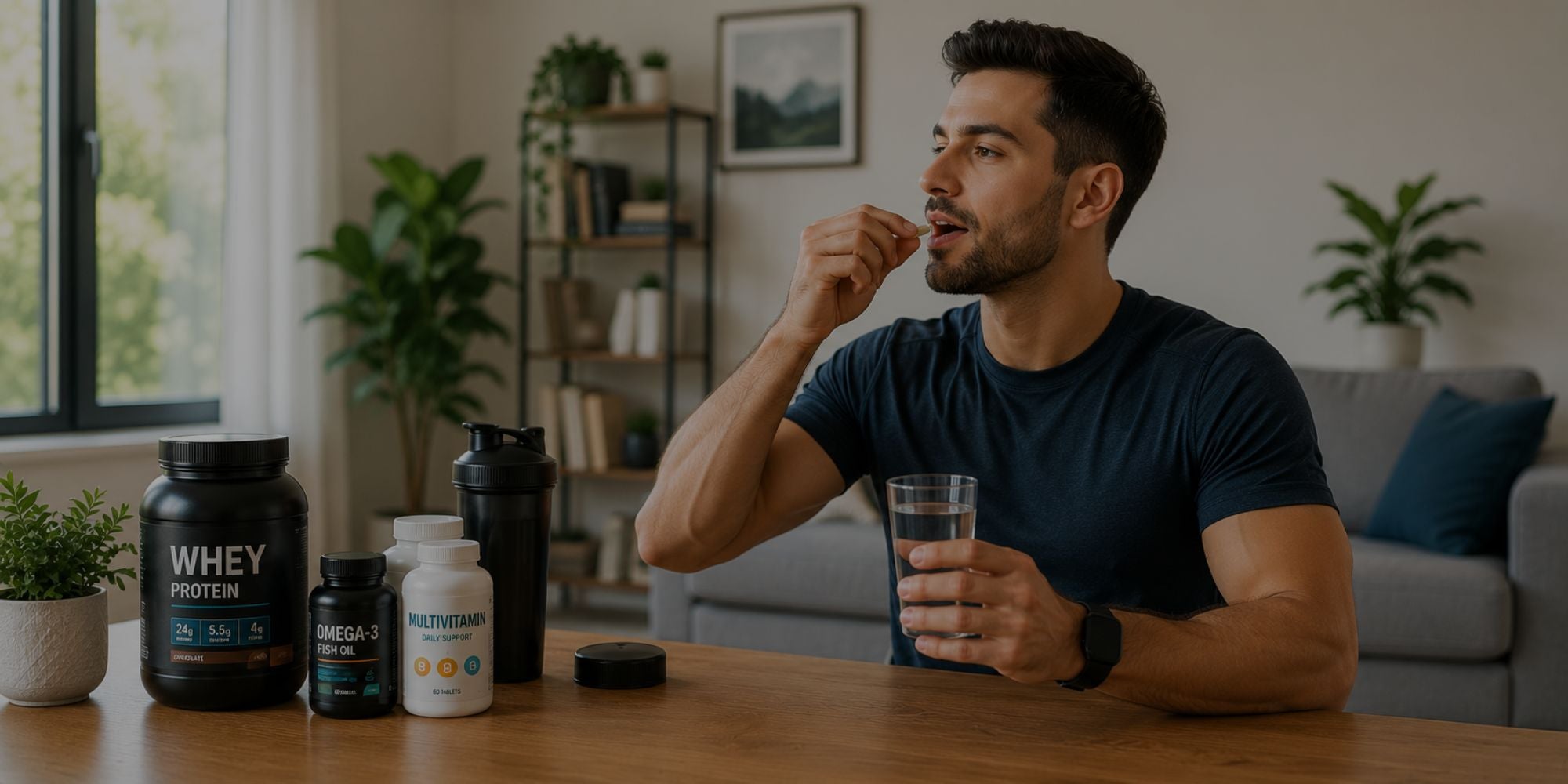 Man taking multivitamin capsule with whey protein and omega 3 nearby
