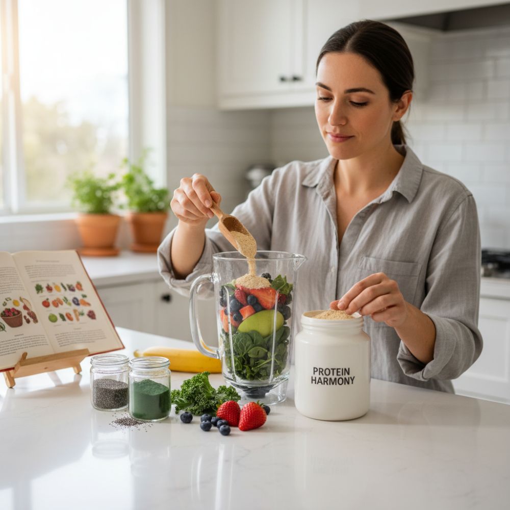 Woman adding protein powder to a blender with fresh fruits and greens