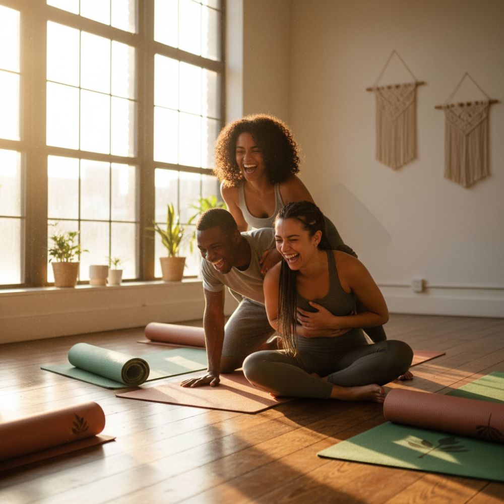 Three friends laughing together on yoga mats in a sunlit studio